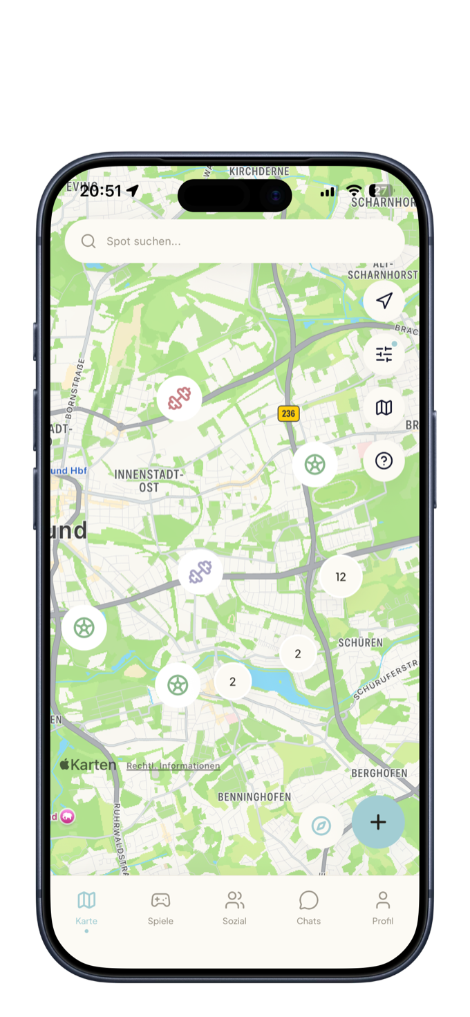 Screenshot der aupa-App: die Karte mit Sportplätzen, Bolzplätzen, Skateparks und Spielplätzen in der Umgebung