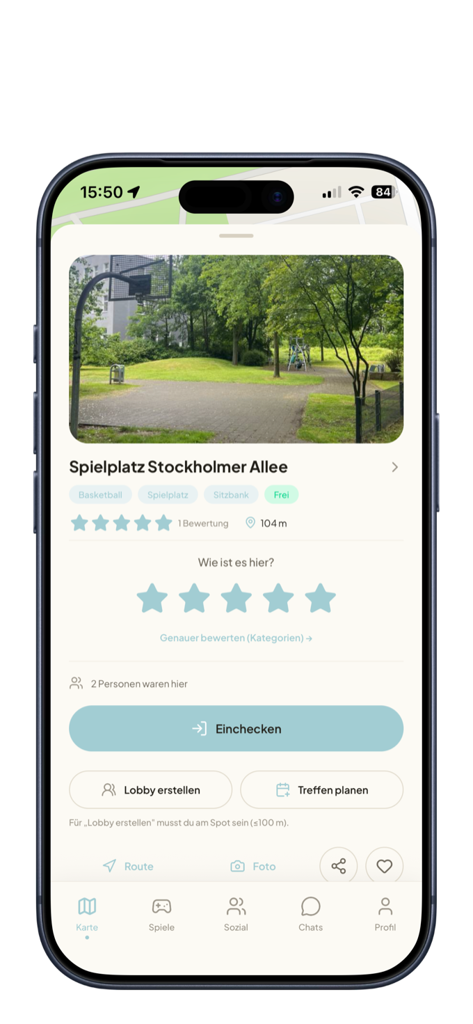 Screenshot der aupa-App: Spot-Detailseite mit Foto, Bewertung, Einchecken und Treffen planen